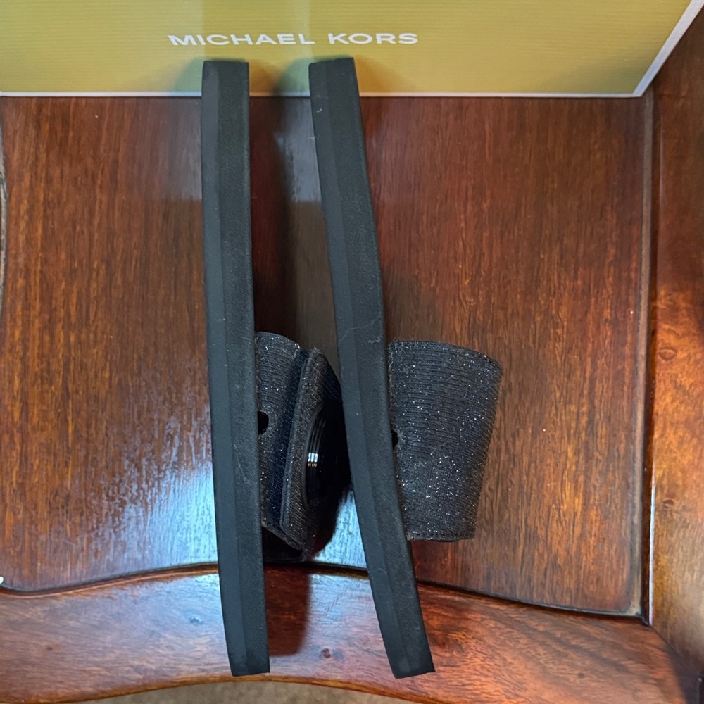 EUC Michael Kors Glitter Black Slides Velcro Closure Size 8 MK Charm  Branding - Picture 5 of 14